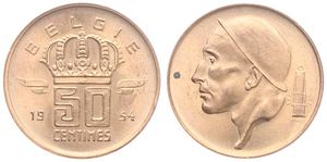 Belgium, Kingdom, Baudouin I, 50 Centimes Bronze 1954FL, Helmeted mine worker left, Morin 660, UNC !