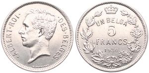 Belgium, Kingdom, Albert I, 5 Francs (1 Belga) Nickel 1930FR (Position A), Head left, Morin 382a, A.UNC