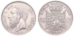 Belgium, Kingdom, Leopold II, 50 Centimes Silver 1866FR, Bearded head left, Morin 180, A.UNC (small edgenick)