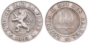 Belgium, Kingdom, Leopold II, 10 Centimes Copper-Nickel 1895FR, Rampant lion within circle left, Morin 238, RARE DATE, VF