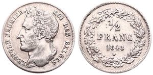 Belgium, Kingdom, Leopold I, 1/2 Franc Silver 1843, Laureate head left, Morin 33, RARE DATE & VARIETY : DOUBLE DATE !, A.XF