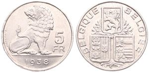 Belgium, Kingdom, Leopold III, 5 Francs Nickel 1938FR/FL (Position B), Seated lion right looking left, Morin 454b, (Edge lettering with crown), A.UNC