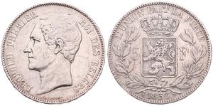 Belgium, Kingdom, Leopold I, 5 Francs Silver 1850, Bare head left, Morin 40a, VARIETY WITH DOT ABOVE DATE, A.VF (scratches)
