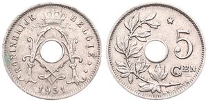 Belgium, Kingdom, Albert I, 5 Centimes Nickel-Brass 1931FL, Center hole within crowned monogram, Morin 430, SCARCE VARIETY WITH DOUBLE 9 IN DATE !, VF