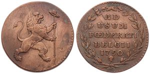 Austrian Netherlands, Insurrection Coinage, 2 Liards Copper 1790(b), Rampant lion right holding staff / Legend in 6 lines, KM 45 Brussels, VF