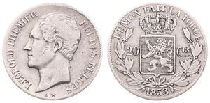 Belgium, Kingdom, Leopold I, 20 Centimes Silver 1853, Bare head left, Morin 59a, Variety without dots between L & W, A.VF