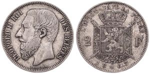 Belgium, Kingdom, Leopold II, 2 Francs Silver 1867FR, Bearded head left, Morin 169, A.VF (small edgenick)