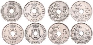 Belgium, Kingdom, Leopold II, Good lot with 4 different 5 Centimes copper-nickel coins in various grades including better items or grades...
