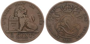 Belgium, Kingdom, Leopold I, 5 Centimes Copper 1848, Seated lion with tablet, Morin 75, A.VF