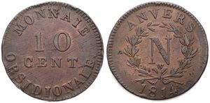 Belgium, Kingdom, Antwerpen (Siege of Antwerp), Napoleon, 10 Centimes Bronze 1814, Emergency issue - N Monogram within wreath - W above ribbon bow, KM 5.4, A.XF