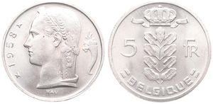Belgium, Kingdom, Baudouin I, 5 Francs Copper-Nickel 1958FR, Head of Ceres left, Morin 551, UNC !
