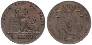 Belgium, Kingdom, Leopold I, 5 Centimes Copper 1856, Seated lion with tablet, Morin 82, A.XF