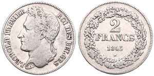 Belgium, Kingdom, Leopold I, 2 Francs Silver 1843, Laureate head left, Morin 20c (Postion A), SCARCE, A.VF