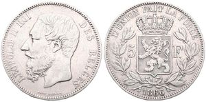 Belgium, Kingdom, Leopold II, 5 Francs Silver 1866, Bearded head left, Morin 153a, RARE KEY DATE WITH DOT AFTER F, A.VF