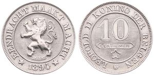 Belgium, Kingdom, Leopold II, 10 Centimes Copper-Nickel 1894FL, Rampant lion within circle left, Morin 237, UNC