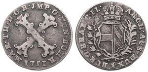 Austrian Netherlands, Maria Theresia, 20 Liards Silver 1751(l), Large Burgundian cross / Crowned arms within wreath, KM 13 Bruges, VF