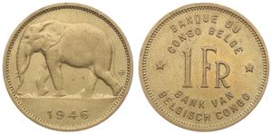 Belgian Congo, Colony, Prince Charles, 1 Franc Brass 1946, African Elephant left, KM 26, A.XF