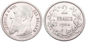 Belgium, Kingdom, Leopold II, 2 Francs Silver 1904FR, Bearded head left, Morin 194a, SCARCE VARIETY WITHOUT DOT IN TH VINCOTTE, A.VF