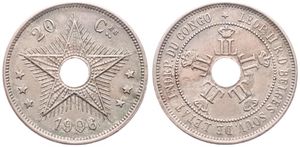 Congo Free State, Royal Domain, Leopold II, 20 Centimes Copper-Nickel 1906, Center hole flanked by crowned monograms within beaded circle, KM 11, VF
