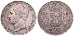 Belgium, Kingdom, Leopold I, 2-1/2 Francs Silver 1849, Large bare head left, Morin 49, VF