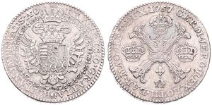 Austrian Netherlands, Maria Theresia, 1/2 Kronenthaler Silver 1757(h), Floriated cross with 3 crowns & Golden Fleece / Crowned imperial double headed eagle, KM 20 Antwerp, XF