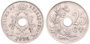 Belgium, Kingdom, Albert I, 25 Centimes Copper-Nickel 1926/23FR, Center hole within crowned monogram, Morin 329a, SCARCE DATE & OVERSTRIKE, VF