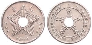 Belgian Congo, Colony, Leopold II, 5 Centimes Copper-Nickel 1909, Center hole flanked by crowned monograms within beaded circle, KM 12, Medal Alignment, VF
