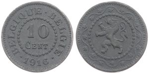 Belgium, Kingdom, Albert I, 10 Centimes Zinc 1916/15FR/FL, German Occupation - Rampant lion within circle, Morin 438b, RARE OVERSTRIKE !, VF