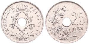 Belgium, Kingdom, Albert I, 25 Centimes Copper-Nickel 1922FL, Center hole within crowned monogram, Morin 327, UNC 