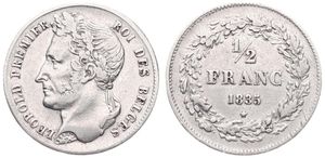 Belgium, Kingdom, Leopold I, 1/2 Franc Silver 1835, Laureate head left, Morin 30, A.XF