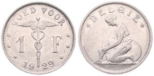 Belgium, Kingdom, Albert I, 1 Franc Nickel 1929FL, Kneeling woman left, Morin 403, SCARCE VARIETY WITH DOUBLE 9 IN DATE !, VF