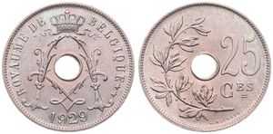 Belgium, Kingdom, Albert I, 25 Centimes Copper-Nickel 1929FR, Center hole within crowned monogram, Morin 335, UNC