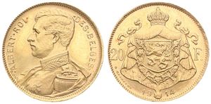 Belgium, Kingdom, Albert I, 20 Francs Gold 1914FR, Armored bust left / Crowned arms, Morin 281b Position B !, VERY RARE, XF (*)