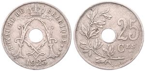 Belgium, Kingdom, Albert I, 25 Centimes Copper-Nickel 1923FR, Center hole within crowned monogram, Morin 328, SCARCE VARIETY WITH DOUBLE 3 IN DATE !, VF