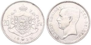 Belgium, Kingdom, Albert I, 20 Francs Silver 1933FL (Position B), Head left, Morin 306b, SCARCER DATE, XF