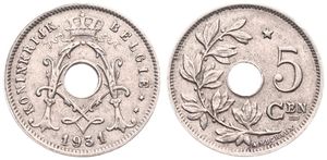 Belgium, Kingdom, Albert I, 5 Centimes Nickel-Brass 1931FL, Center hole within crowned monogram, Morin 430, SCARCE VARIETY WITH DOUBLE 3 IN DATE !, VF