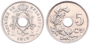 Belgium, Kingdom, Albert I, 5 Centimes Copper-Nickel 1913/10FR, Center hole within crowned monogram, Morin 355a, UNC