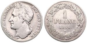 Belgium, Kingdom, Leopold I, 1 Franc Silver 1844, Laureate head left, Morin 27a, VARIETY WITH WIDE REEDED EDGE, Fine
