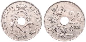 Belgium, Kingdom, Albert I, 25 Centimes Copper-Nickel 1921FL, Center hole within crowned monogram, Morin 325, UNC