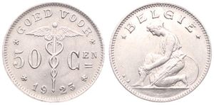 Belgium, Kingdom, Albert I, 50 Centimes Nickel 1923FL, Kneeling woman left, Morin 412, UNC