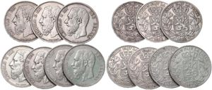 Belgium, Kingdom, Leopold II, Good lot with 7 silver 5 Francs coins, mixed dates in various grades... 