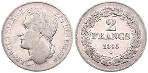 Belgium, Kingdom, Leopold I, 2 Francs Silver 1843, Laureate head left, Morin 20b (Postion B), SCARCE, Fine
