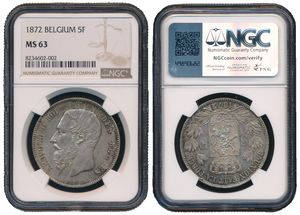Belgium, Kingdom, Leopold II, 5 Francs Silver 1872, Bearded head left, Morin 159, NGC Graded MS 63