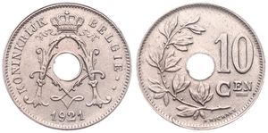 Belgium, Kingdom, Albert I, 10 Centimes Copper-Nickel 1921FL, Center hole within crowned monogram, Morin 340, VARIETY WITH DOUBLE 2 IN DATE, UNC