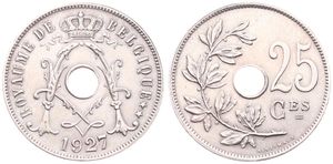 Belgium, Kingdom, Albert I, 25 Centimes Copper-Nickel 1927FR, Center hole within crowned monogram, Morin 331, UNC 