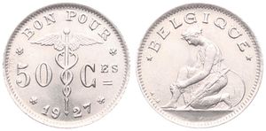 Belgium, Kingdom, Albert I, 50 Centimes Nickel 1927FR, Kneeling woman left, Morin 413, UNC
