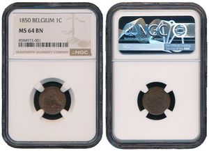 Belgium, Kingdom, Leopold I, 1 Centime Copper 1850, Seated lion with tablet, Morin 123, NGC Graded MS 64 BN