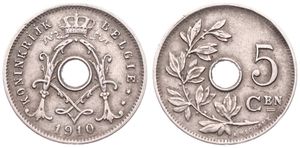 Belgium, Kingdom, Albert I, 5 Centimes Copper-Nickel 1910FL, Center hole within crowned monogram, Morin 354a, VARIETY WITH 2 DOTS ON IJ FROM KONINKRIJK !, VF