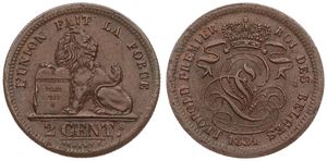 Belgium, Kingdom, Leopold I, 2 Centimes Copper 1834, Seated lion with tablet, Morin 88, SCARCER DATE !, XF