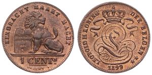 Belgium, Kingdom, Leopold II, 1 Centime Copper 1899FL, Seated lion with tablet, Morin 229, UNC